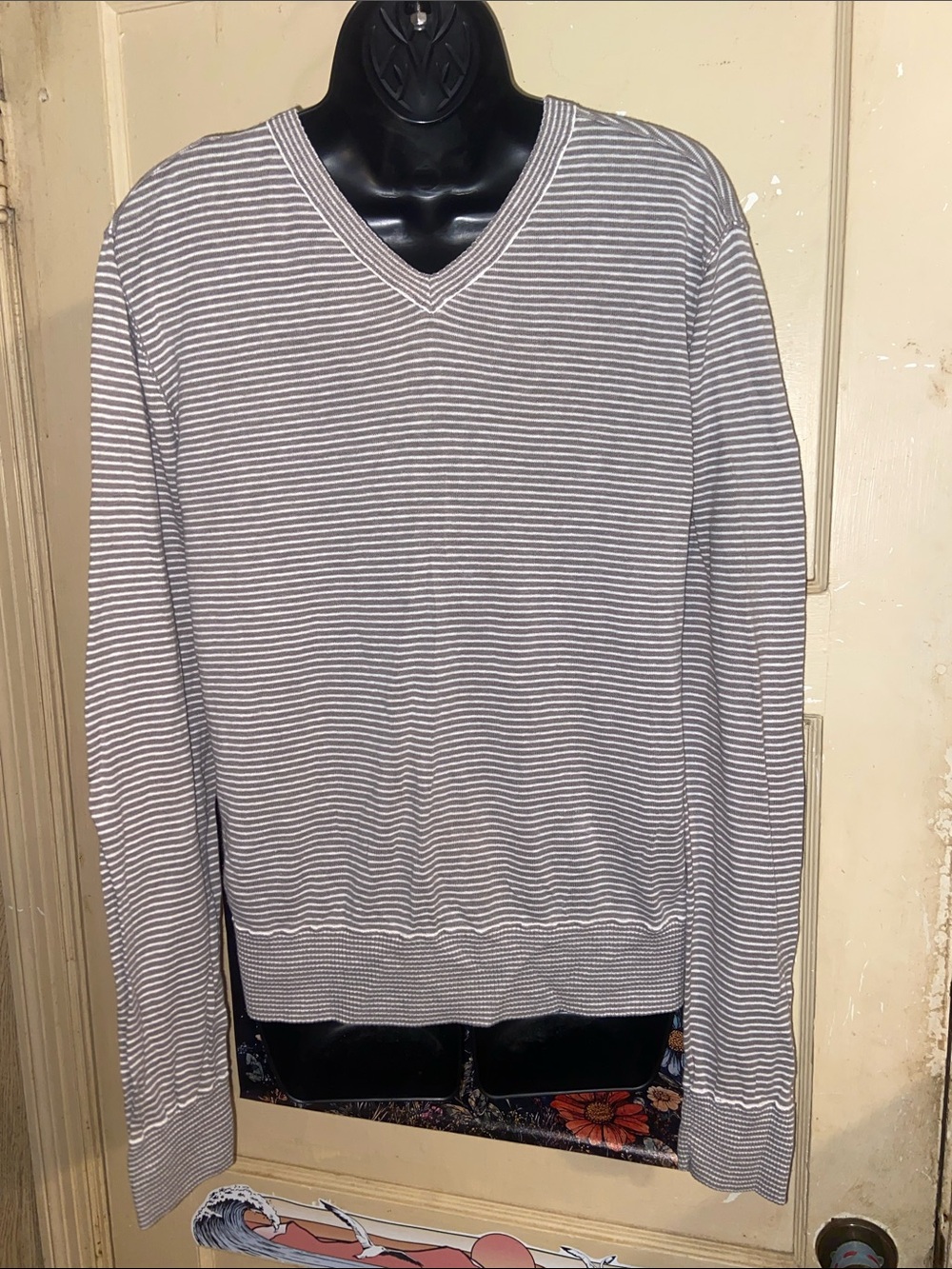 GRAY STRIPED PULLOVER Waffled Trim JOHN VARVATOS